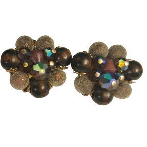 Vintage Clip On Maroon Purple Sparkle Earrings Ear Clips Cluster 1950s Elegant!